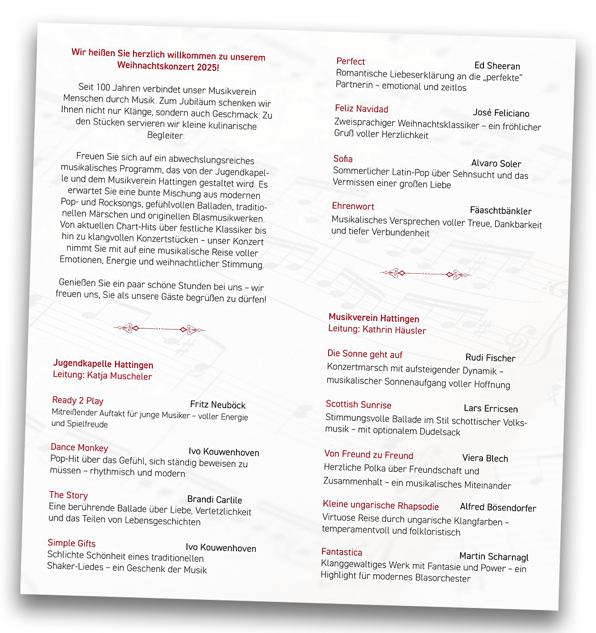 Das Bild zeigt das Programm zum Weihnachtskonzert des Musikvereins Hattingen